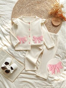 Baby Girls Fall Tops Light Pink Pastel Plush Bow Knot Long Sleeve Pullover Cardigan Pants Set Thick Fleece Autumn Winter Clothes Family Matching Cute - Apricot - View 4