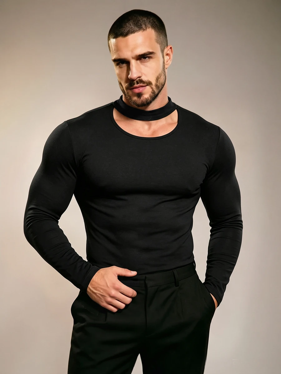 ZURIURI Men's Fashionable High-End Halter Neck T-Shirt - Black - View 1