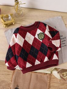 New Kids' Sweatshirt, Autumn/Winter Thermal-Lined, College Style, Boys' Knitted Crew Neck Pullover Base Layer, Thickened - Red - View 1