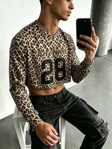 TONEVAULT Men's Leopard Print Digital Pattern Casual Everyday Long Sleeve T-Shirt - Brown - View 3