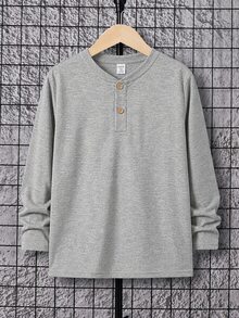 SHEIN Kaos Polo Lengan Panjang Warna Polos untuk Anak Laki-Laki Remaja (Tween Boys) dengan Kerah Setengah - Grey - View 1
