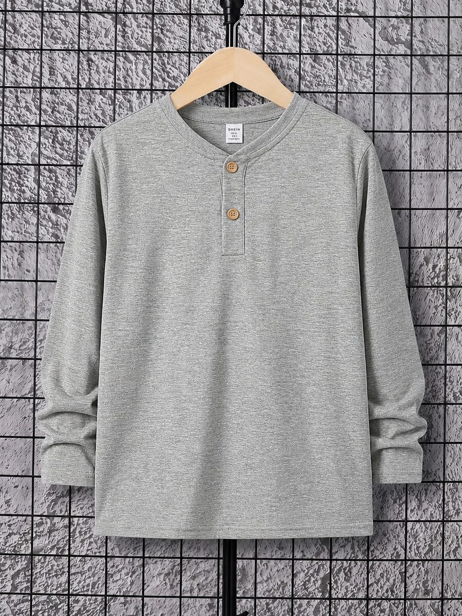 SHEIN Kaos Polo Lengan Panjang Warna Polos untuk Anak Laki-Laki Remaja (Tween Boys) dengan Kerah Setengah - Grey - View 1
