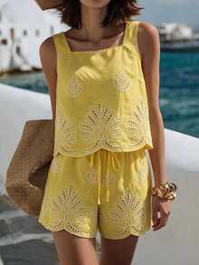 RIVANDRE Women's Fashion Elegant Hollow Square Neck Tank Top And Drawstring Waist Shorts Casual Vacation Set - Light Yellow - View 1