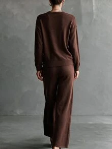 Omancia Autumn/Winter Slouchy Maillard Knit Set Women's Round Neck Dropped Shoulder Embroidered 3D Applique Floral Rhinestone Top Loose Wide Leg Pants 2 Pieces Sweater Set - Chocolate Brown - View 2