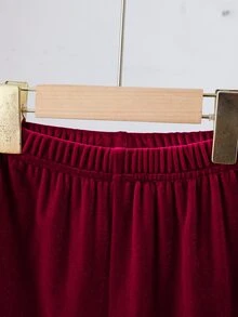SHEIN 女童天鵝絨珍珠裝飾不規則上衣與喇叭褲兩件套，優雅長袖休閒裝 - 紅色 - 查看 11