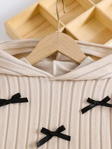 Young Girls Cute Black Bow Detail Ribbed Hoodie & Pants Set, Comfortable Knit 2Pcs Co‑Ord For Daily - Apricot - View 6