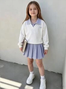 SHEIN Genkimix Kids 2件組女童長袖裙套裝，白色針織刺繡經典圓領長袖上衣搭配粉白條紋百褶裙，甜美可愛慵懶休閒運動學院風，適合戶外活動，休閒慵懶甜美簡約百搭日常舒適穿著 - 白色 - 查看 1