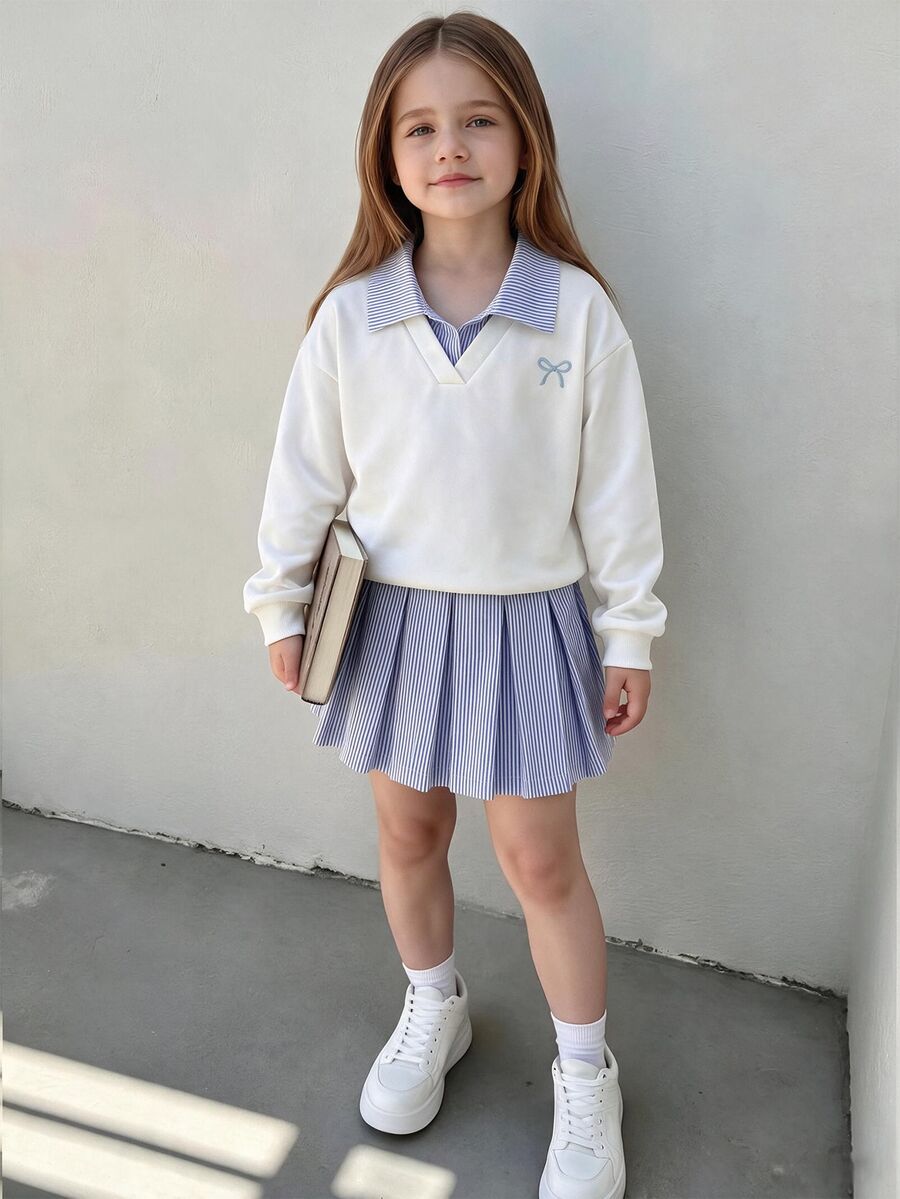 SHEIN Genkimix Kids 2件組女童長袖裙套裝，白色針織刺繡經典圓領長袖上衣搭配粉白條紋百褶裙，甜美可愛慵懶休閒運動學院風，適合戶外活動，休閒慵懶甜美簡約百搭日常舒適穿著 - 白色 - 查看 1