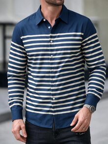 TONEVAULT Men's Navy Blue White Horizontal Striped Long Sleeve Shirt, Turn-Down Collar Loose Fit, Nautical Casual Tropical Style, Spring/Autumn/Summer, Beach - Blue and White - View 6