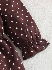 SHEIN 1件幼女波點洋裝，甜美優雅棕色與白色大蝴蝶結荷葉邊裙襬，長袖圓領，常規版型，派對秋季假期精品款 - 摩卡棕 - 查看 7