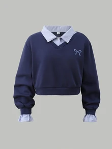 SHEIN 青少年女孩秋冬學院風兩件套，基本款海軍藍領口運動衫搭配條紋襯衫拼接設計與海軍藍針織裙，時尚甜美休閒穿搭，適合上學、外出與玩樂 - 藏蓝色 - 查看 4