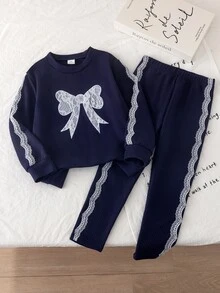 女童蕾絲蝴蝶結圓領長袖衛衣 2 件套，搭配白色長褲，適合春秋季嬰兒 7 歲生日，紫色秋季款 - 藏蓝色 - 查看 3