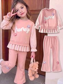SHEIN Casuvi Kids 女童秋季兩件套，條紋拼接荷葉邊假兩件長袖上衣搭配花卉喇叭褲，可愛風 - 彩色 - 查看 3