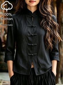SHEIN 白色紋理布料立領前開襟 5 顆鈕扣中式直領盤扣 3/4 折袖短版寬鬆簡約復古中式日常外套襯衫 - 黑色 - 查看 4