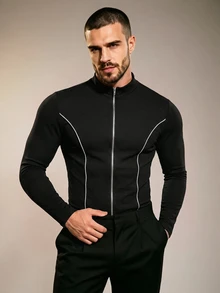 ZURIURI Men's Fashion Striped Colorblock Zip-Up Long Sleeve Jacket - Multicolor - View 4