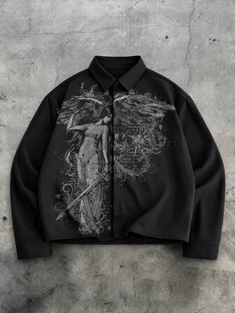 Camicia da uomo con stampa gotica scura e vestibilità ampia