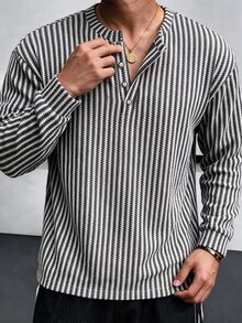 TONEVAULT Men Vertical Stripe Henley Neck Long Sleeve Shirt, Smart Casual Style, Spring Autumn, Daily Office Street Vacation, Loose Fit - Black and White - View 5