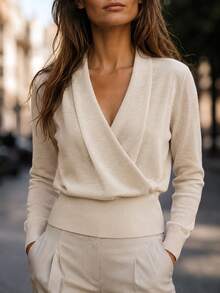 SHEIN Fall Chic Wrap V Neck Knit Top, Long Sleeve Ribbed Hem Women Pullover - Apricot - View 1