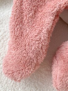 SHEIN 新生女嬰秋冬款粉色珊瑚絨連腳連身衣 0-12個月 3D熊耳連帽連身衣 - 粉色 - 查看 3
