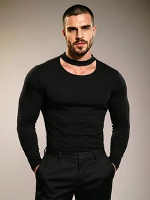 ZURIURI Men's Fashionable High-End Halter Neck T-Shirt - Black - View 4