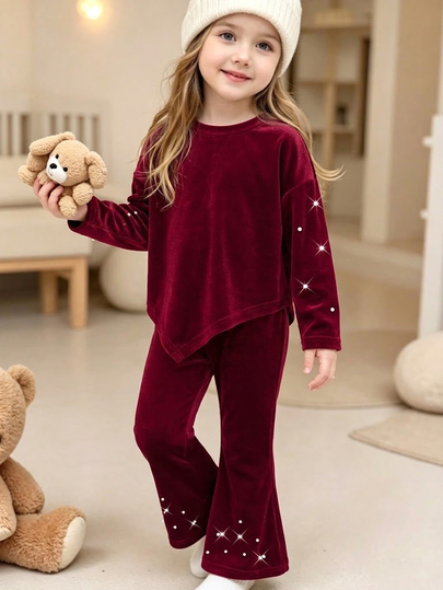 SHEIN Young Girls Velvet Pearl Decor Irregular Top & Flare Pants 2‑Piece Set, Elegant Long Sleeve Casual O