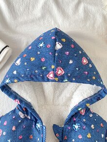 SHEIN 1件女嬰可愛甜美藍粉心形寶石印花毛絨內裡長袖連帽加厚冬季節日外套夾克 - 彩色 - 查看 7
