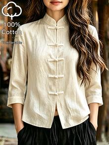 SHEIN Kemeja Luar Gaya Retro Minimalis Retro Kasual Baru dengan Kerah Tegak Kain Bertekstur Putih, Penutup Kancing Depan 5 Kancing Gaya Cina Satu Karakter, Manset Lipat 3/4, Potongan Pendek Longgar - Aprikot - View 4