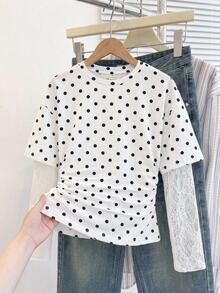 SHEIN 女童 2-in-1 波點蕾絲長袖上衣，圓領黑白波點拼接透視刺繡蕾絲袖，修身收腰 T-shirt，春夏秋甜酷風百搭內搭層 - 白色 - 查看 5