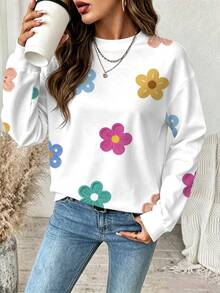 Comfylo Autumn New Plus Size Women's Loose Round Neck Sweatshirt - Colorful Floral Pattern, Long Sleeve, Casual Style Winter - Multicolor - View 6