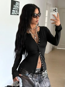 SHEIN HypeZone 女款秋季新款復古修身顯瘦休閒百搭時尚高級黑色夾克 - 黑色 - 查看 4