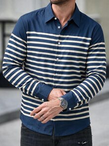 TONEVAULT Men's Navy Blue White Horizontal Striped Long Sleeve Shirt, Turn-Down Collar Loose Fit, Nautical Casual Tropical Style, Spring/Autumn/Summer, Beach - Blue and White - View 3