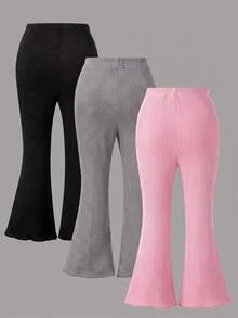 SHEIN Playful Pals 女童休閒基礎款黑色、灰色與粉色 3 件組高腰喇叭褲，多色可選，提供更多搭配選擇 - 彩色 - 查看 2