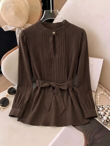 SHEIN Clasi Women's Solid Color Pleated Casual Versatile Daily Long Sleeve Shirt - Coffee Brown - View 3