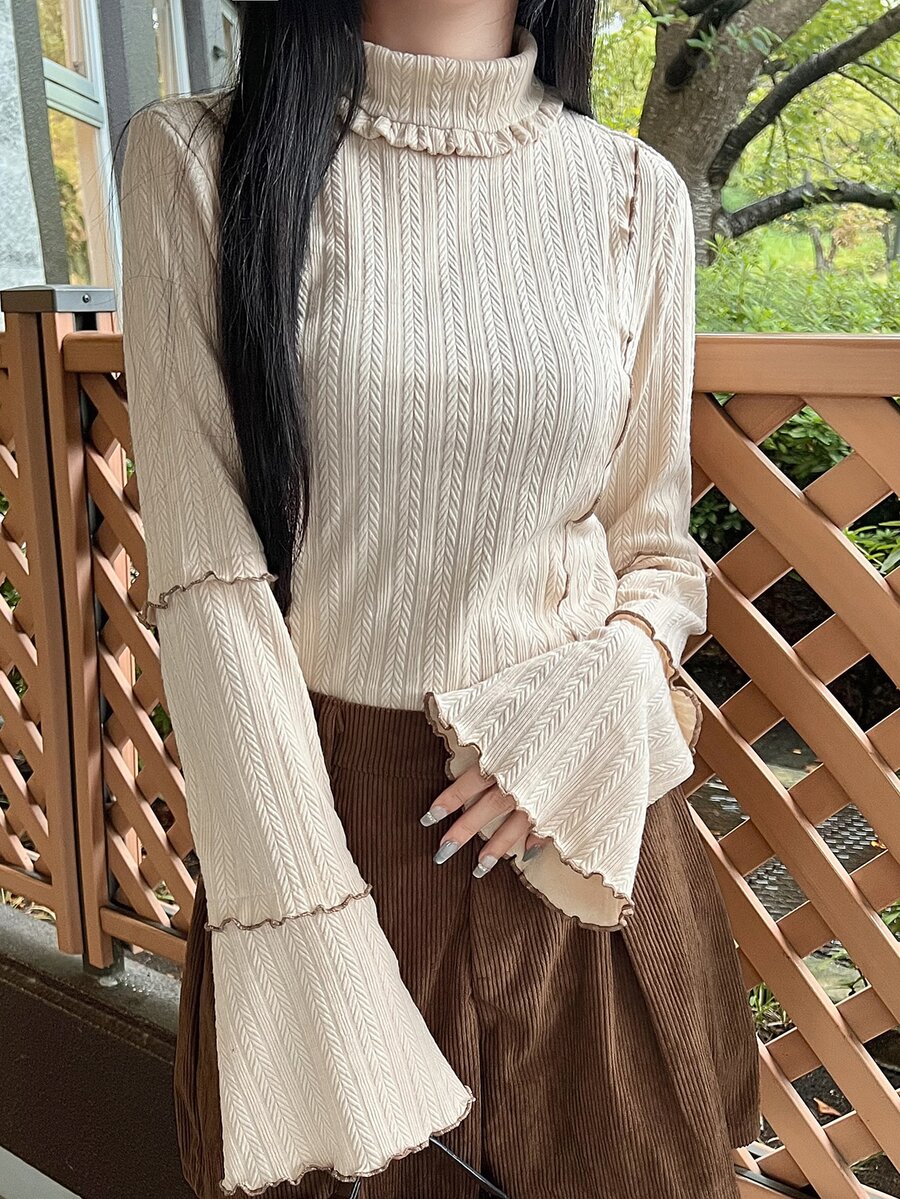 FRIFUL Women's Solid Color High Neck Bell Sleeve Casual Romantic Cute Versatile T-Shirt Brunch Apricot Autumn - Beige - View 1