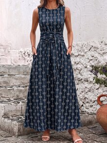 SHEIN Clasi 女款夏季度假刺繡腰繫帶口袋洋裝 - 藏蓝色 - 查看 6