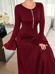 Yasmyna Early Autumn Vibe Jacquard Knit Dress, Slimming Fitted Long Flared Dress, Gentle Style - Burgundy - View 6