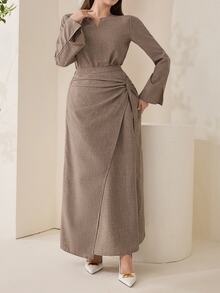 Veilorie Long Sleeve Twist Loose Skirt Plus Size 2 Pieces Set - Mocha Brown - View 6