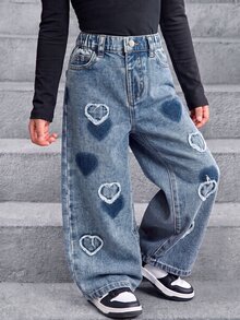 SHEIN 女童四季通用水洗多功能寬鬆時尚舒適柔軟細棉布愛心元素貼布繡裝飾＋愛心陰影彈性腰頭復古淺藍色水洗牛仔直筒牛仔褲 - 淺色水洗藍 - 查看 4