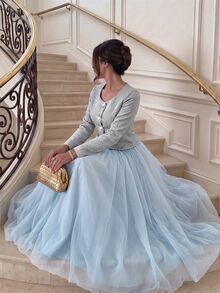 Modelyn Rhinestone Square Buckle Short Jacket Slimming Layered High Waist Chiffon Long Skirt Light Blue Gentle Style Women's 2 Pieces Set - Blue - View 2