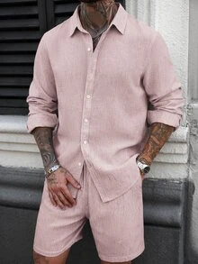 Manfinity CasualCool 男士純色長袖襯衫與短褲休閒日常兩件套 - 粉色 - 查看 4