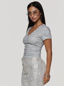 MUSERA Grey Slinky Zebra Print Diamante V Neck Tshirt Summer Autumn Cute Everyday Y2K Ultra M - Multicolor - View 4
