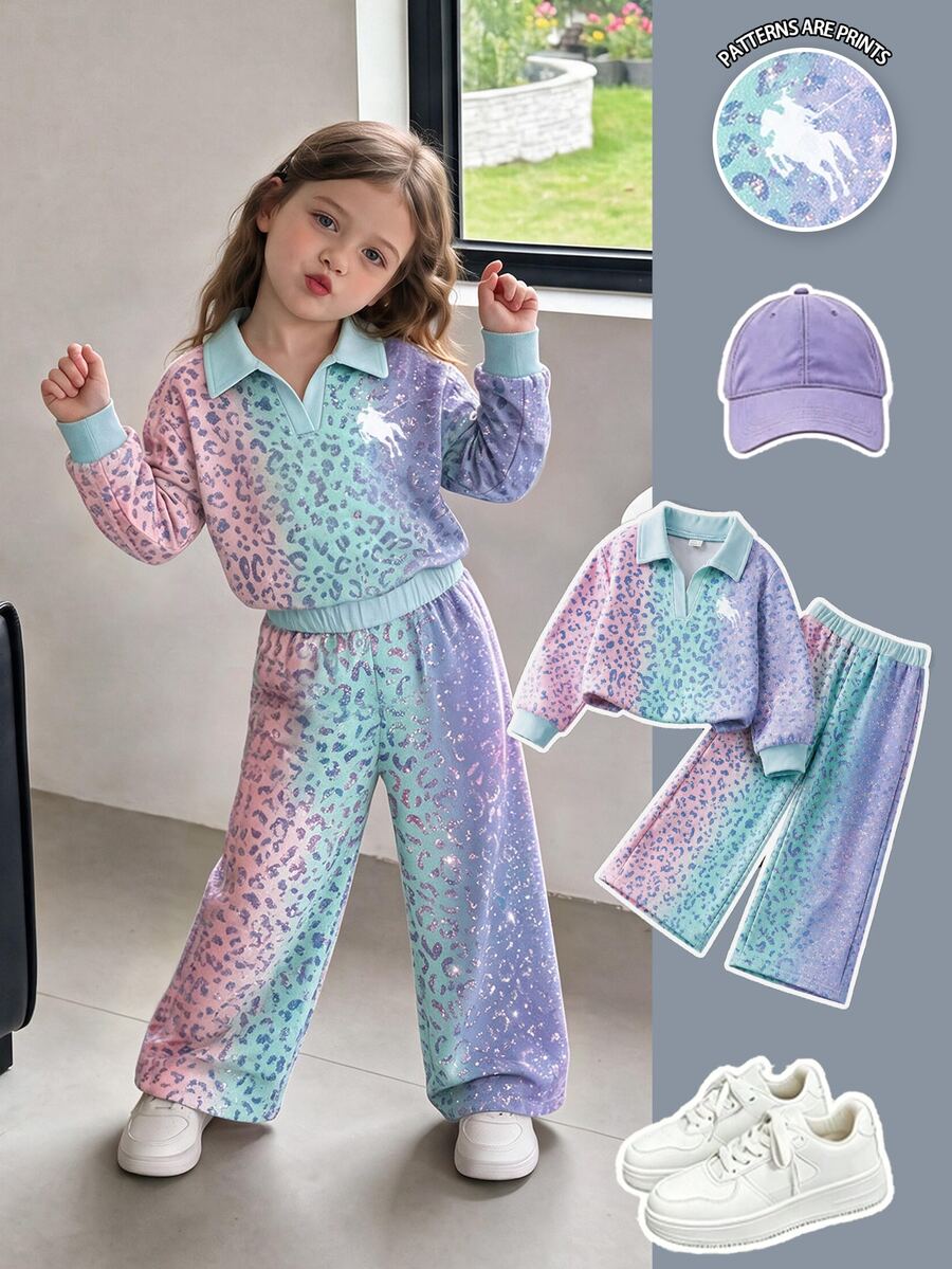 Young Girl Fashion Casual Leopard Print Horse Riding Print Lapel V-Neck Long Sleeve Sweatshirt & Leopard Print Wide Leg Pants Set, Soft Fabric, Suitable For Outings, Back To School, Autumn/Winter - Multicolor - View 1