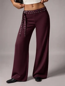 Avenya Low Waist Rivet & Ribbon Decor Wide Leg Pants, Slimming Drape, Casual Daily Commute - Burgundy - View 5