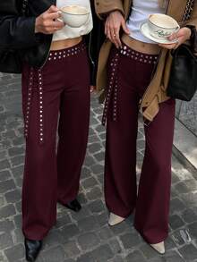 Avenya Low Waist Rivet & Ribbon Decor Wide Leg Pants, Slimming Drape, Casual Daily Commute - Burgundy - View 4