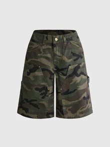 ROMWE Street Life Women's Letter Print Camouflage Casual Everyday Denim Shorts - Army Green - View 2