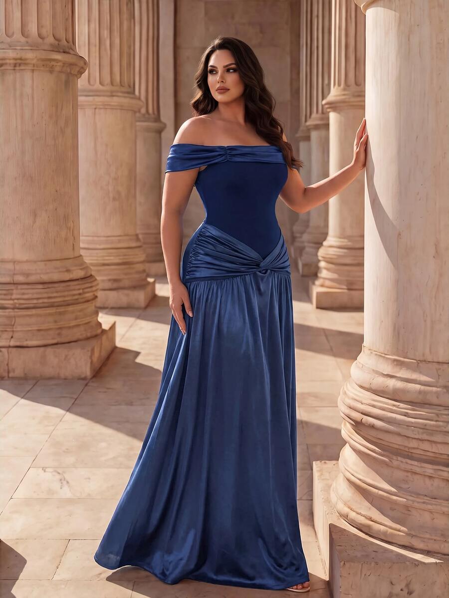 Coutiva Plus Size Women Solid Color Off Shoulder Ruched Elegant Waist-Cinched Formal Evening Gown Dress - Navy Blue - View 1