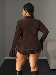 Maweii Sexy Slim Fit Waist-Cinching Top And High-Waist Drawstring Mini Shorts, Plus Size Brown 2 Pieces Set - Coffee Brown - View 6