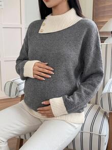DAZY Patchwork Contrast Color Lapel Long Sleeve Loose Pullover Casual Daily Korean Style Autumn/Winter Thick Knit Sweater Maternity - Grey - View 4