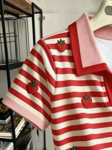 SHEIN Plus Size Korean Style Striped Colorblock Short Sleeve T-Shirt For Daily Wear - Multicolor - View 3