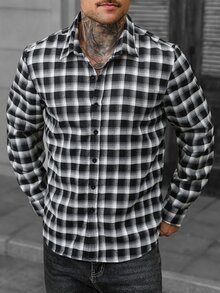 Manfinity CasualCool 男士格紋長袖單排扣休閒襯衫 - 黑色 - 查看 1